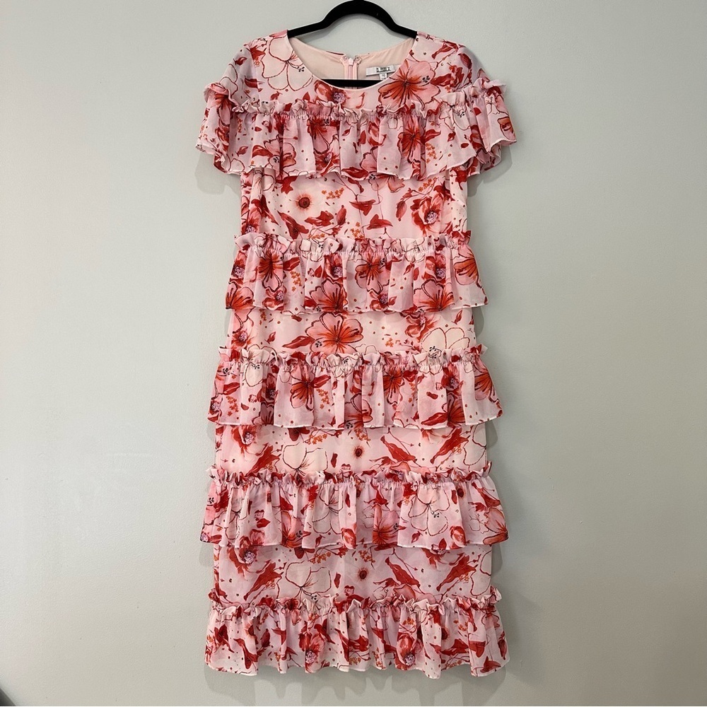 Badgley Mischka Tiered Ruffle Floral Dress Pink Mini Size 10 RTR Designer